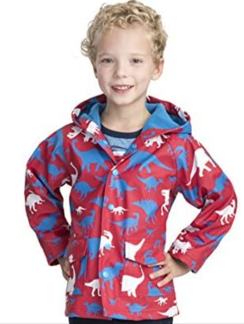 Hatley Kids Navy Lined Rain Jacket with Red & Blue Dino Print